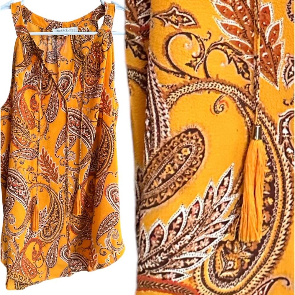 NWOT Rose & Olive Yellow Orange Paisley Tassel Blouse Stunning Colors Size S
